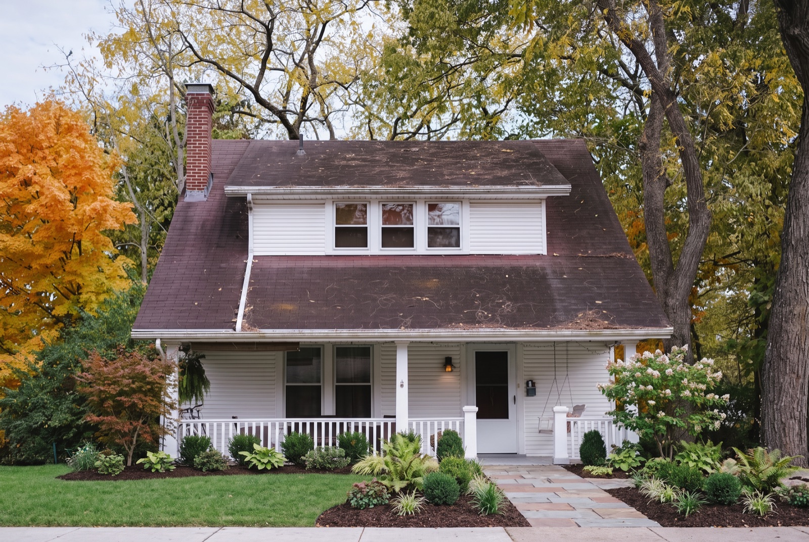 The same bungalow with a flagstone path and layered foundation planting
